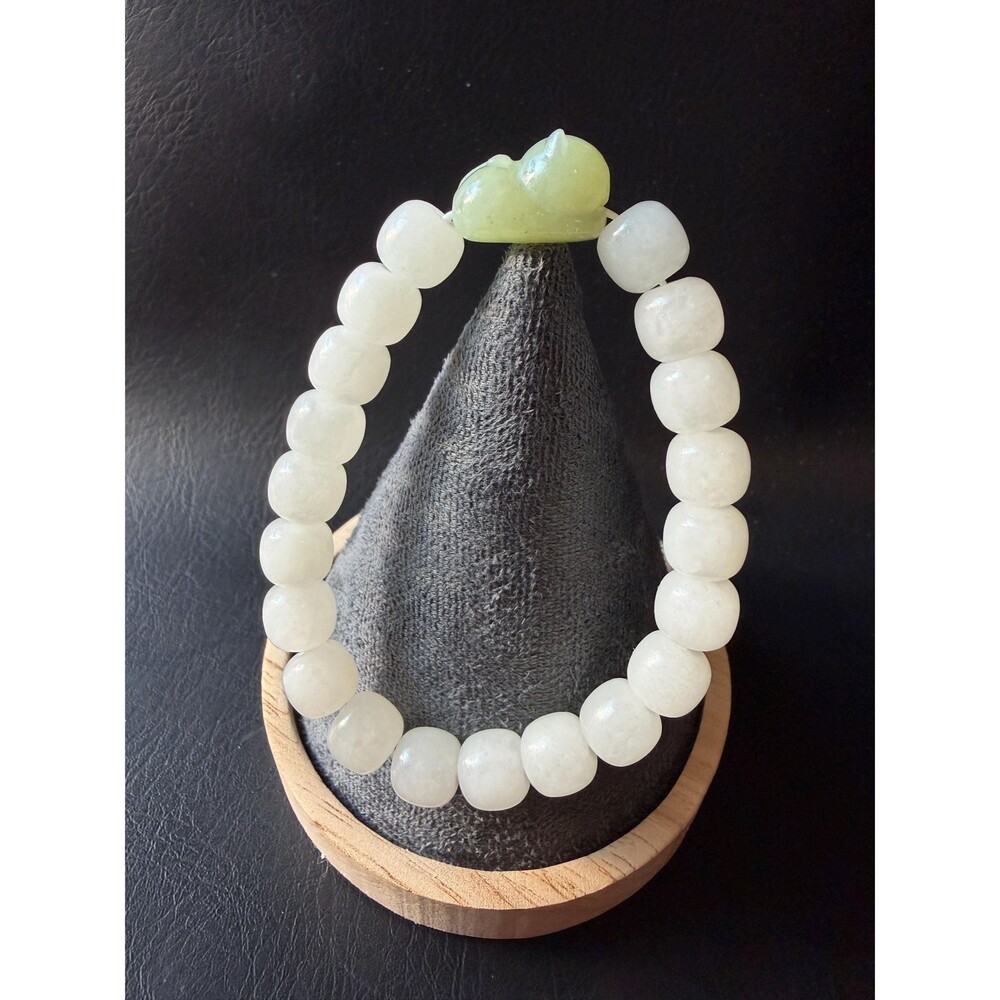 White Icy Jade Barrel Bracelet with Natural Green Jade Cat Charm Untreated Jade